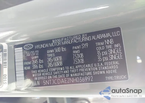 2022 Hyundai Santa Cruz Sel z USA, uszkodzony, nr VIN 5NTJCDAE2NH036992